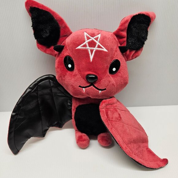 Red Goth Bat Plush Toy With Star Embroidery and Black Leatherette Wings - Picture 4 of 5